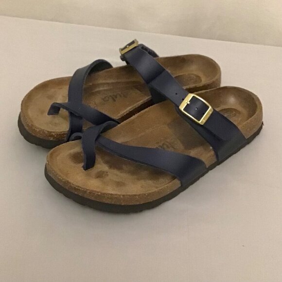 Betula 5 Birkenstock Women’s Footbed Cork Sandals Flip Flops Navy Blue Portugal - Picture 3 of 10